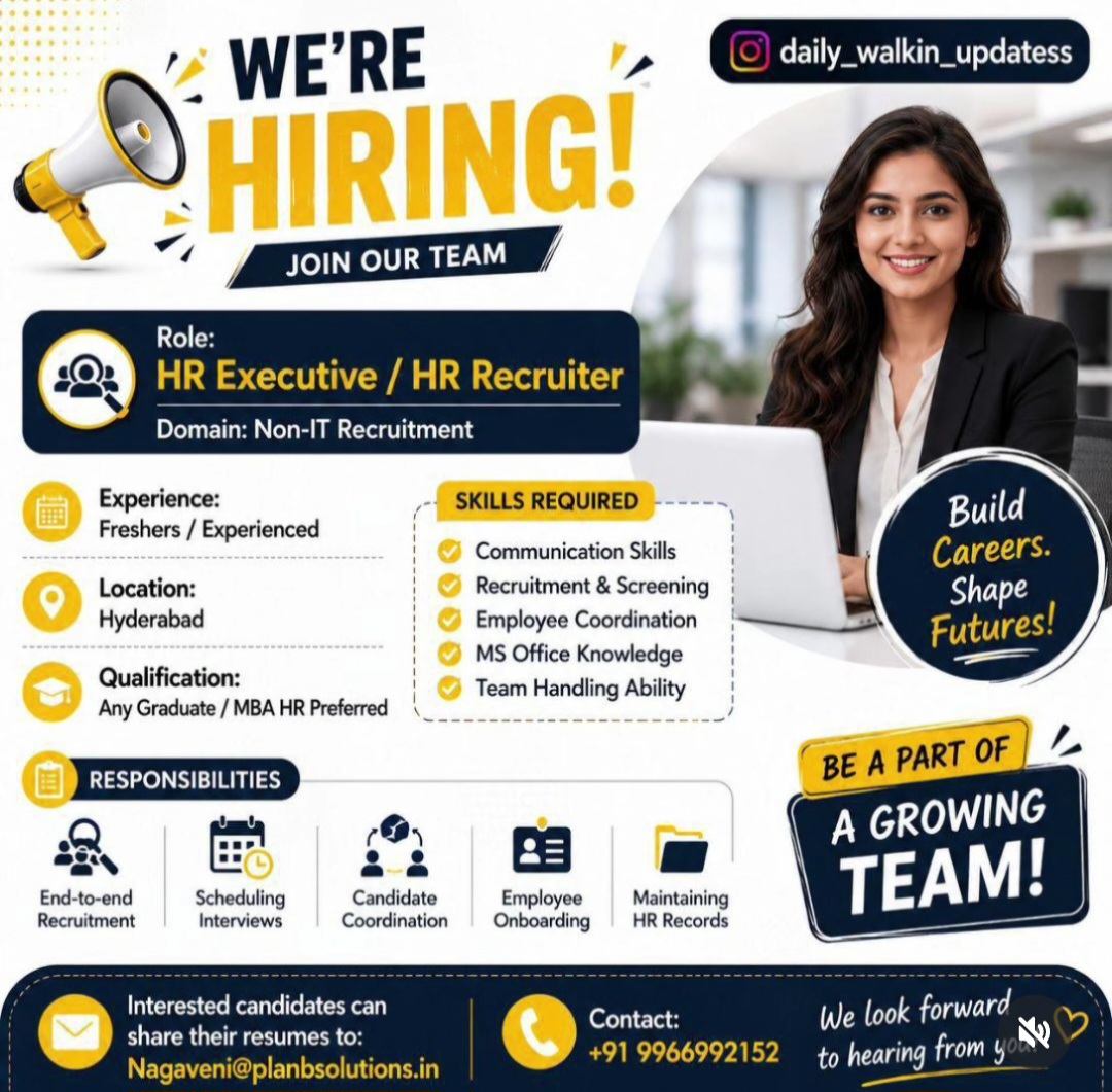 HIRING HR EXECUTIVE / HR RECRUITER – NON-IT DOMAIN | HYDERABAD | FRESHERS & EXPERIENCED APPLY