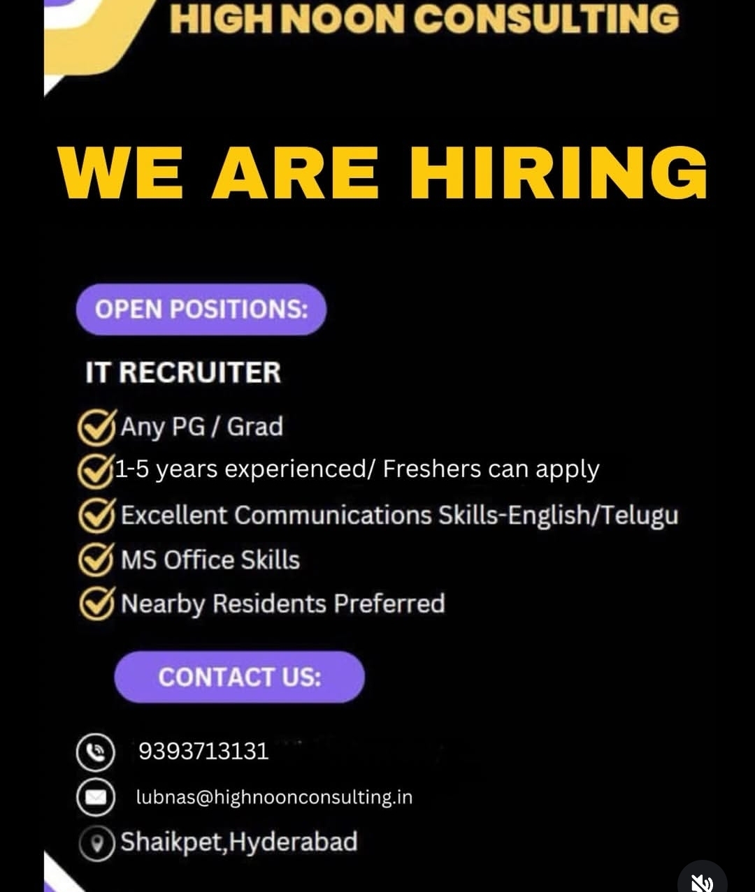 📢 Hiring: IT Recruiter – High Noon Consulting