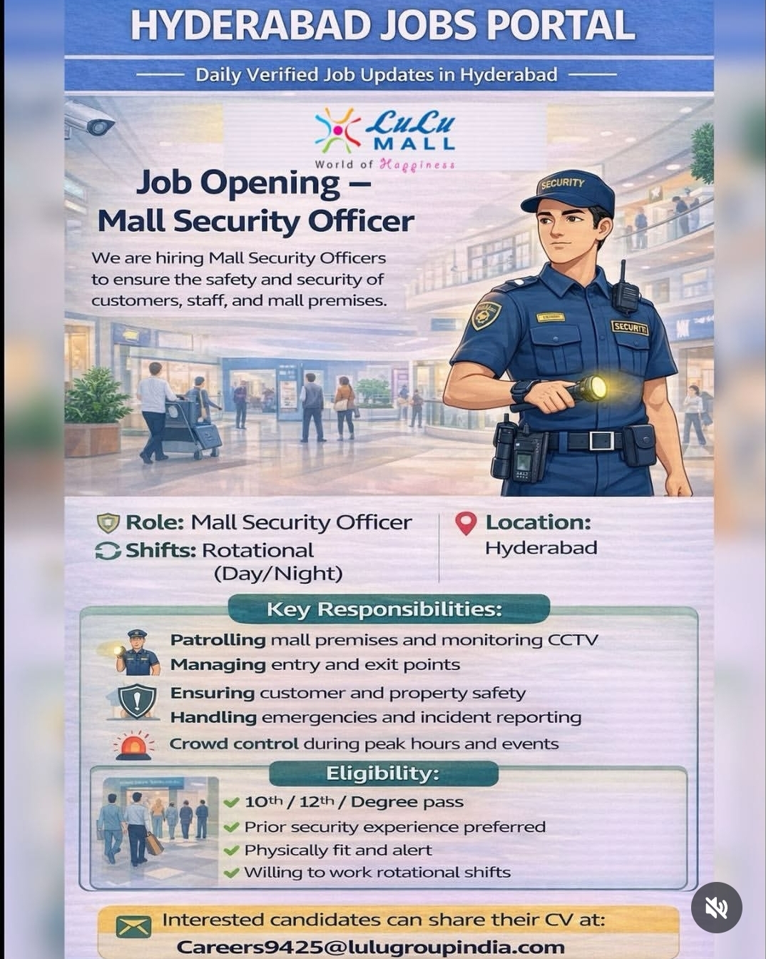 Hiring: Mall Security Officers at Lulu Mal Hyderabad
