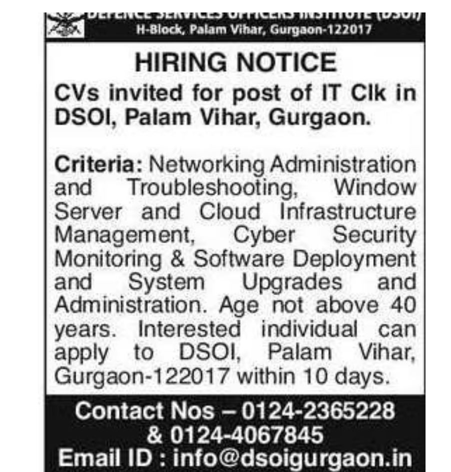 Hiring Notice – IT Clerk (DSOI, Palam Vihar, Gurgaon)