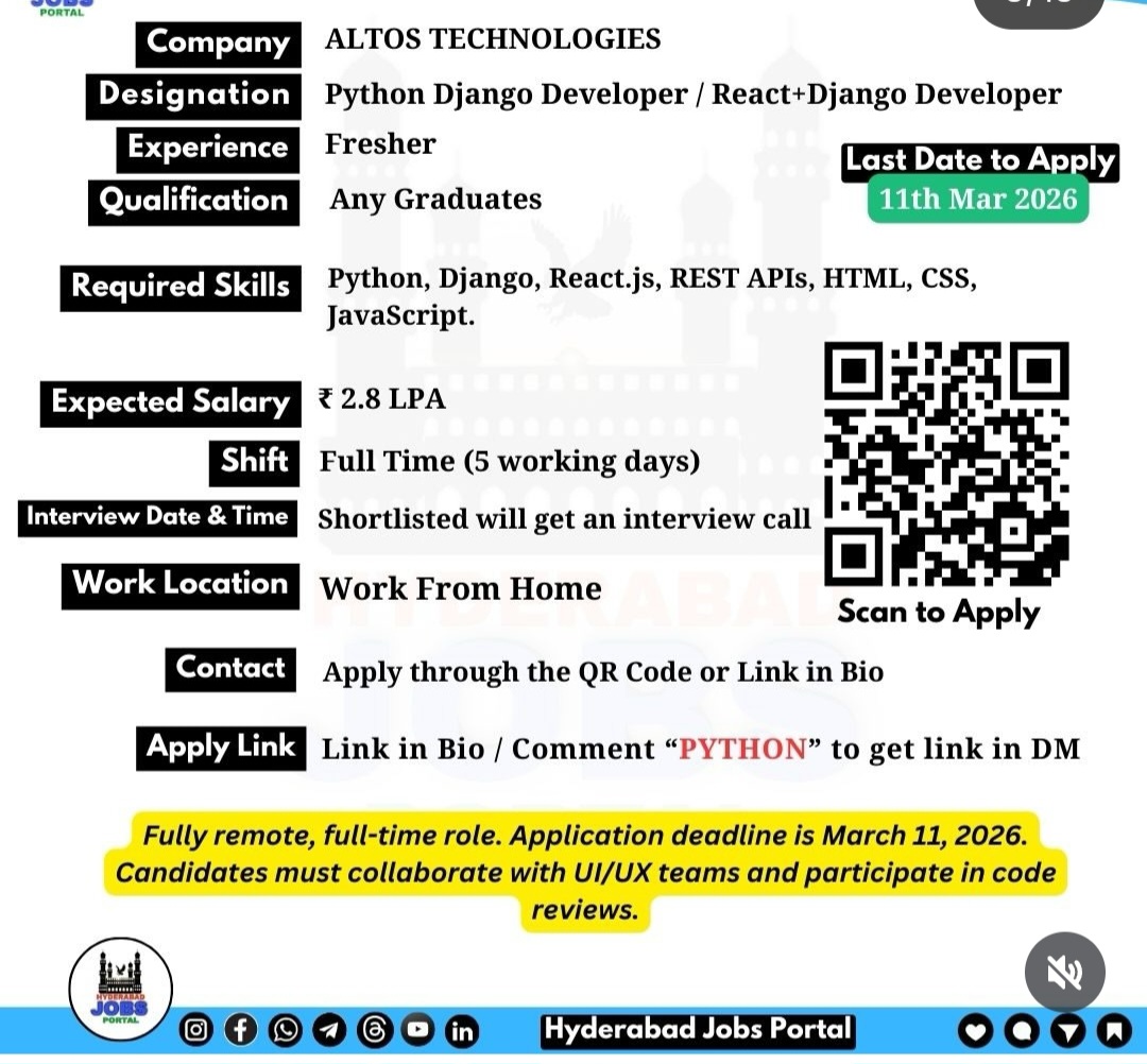 🚀 Hiring: Python Django Developer (Fresher) | ALTOS TECHNOLOGIES