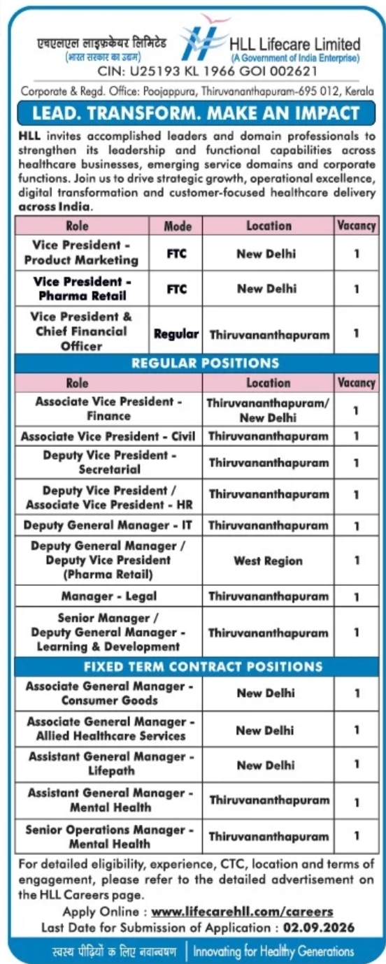 HLL Lifecare Limited Recruitment 2026 – Leadership & Senior Management Positions