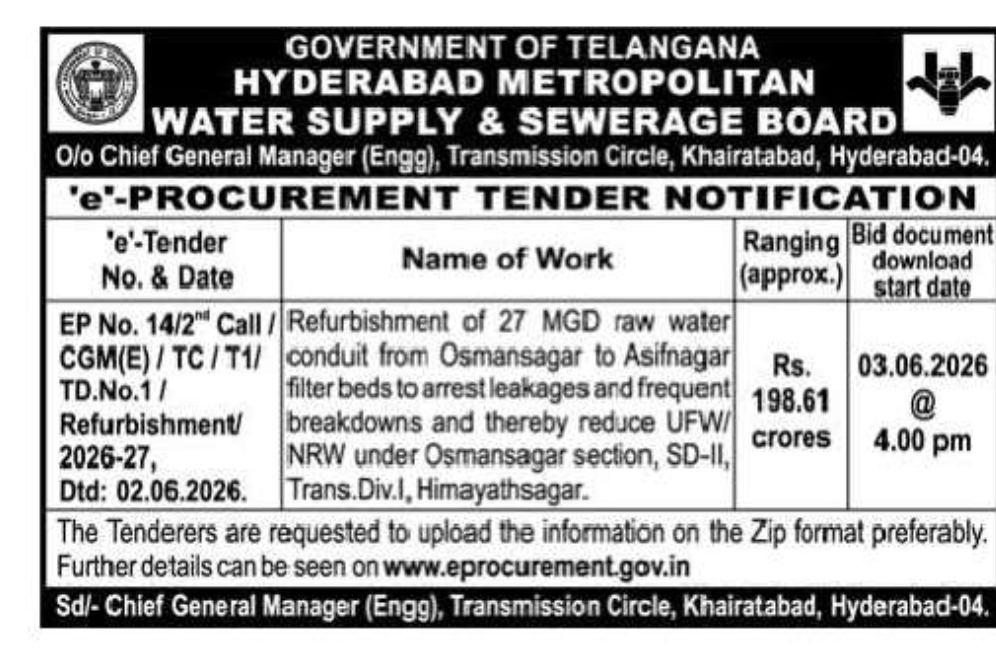 HMWSSB Invites e-Tender for Refurbishment of 27 MGD Raw Water Conduit from Osmansagar to Asifnagar Filter Beds (₹198.61 Crore)