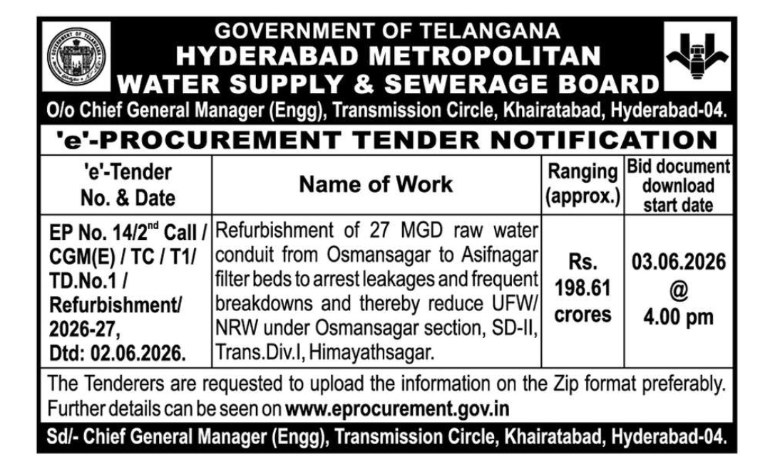 HMWSSB Invites ₹198.61 Crore Tender for Refurbishment of Osmansagar–Asifnagar Raw Water Conduit, Hyderabad