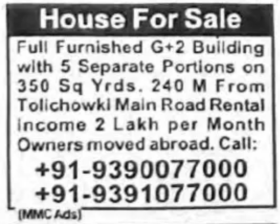 HOUSE FOR SALE – FULLY FURNISHED G+2 BUILDING