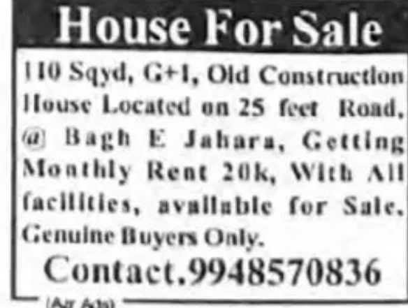 HOUSE FOR SALE – G+1, 110 Sq. Yds (Old Construction)