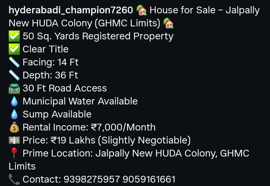 House for Sale – Jalpally, New HUDA Colony (GHMC Limits)