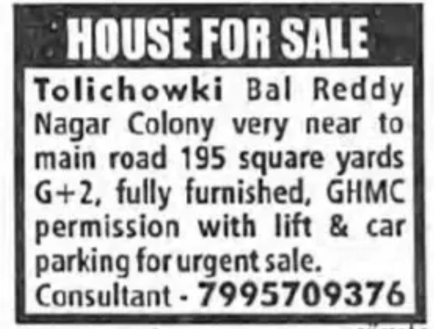 🏠 HOUSE FOR SALE – TOlichowki (Bal Reddy Nagar Colony), Hyderabad