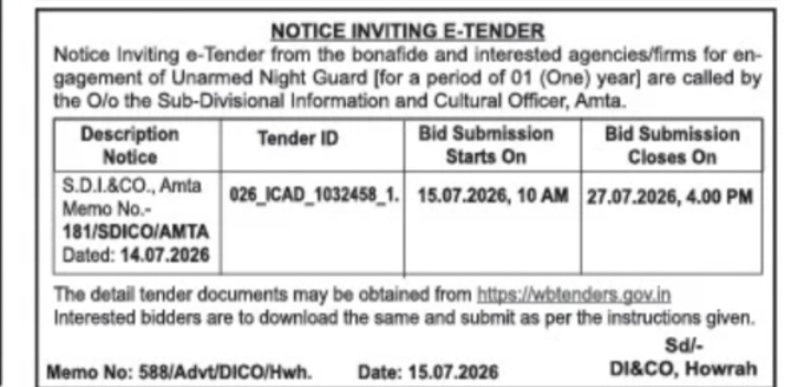 Howrah Information & Cultural Affairs Department – Night Guard Service Tender