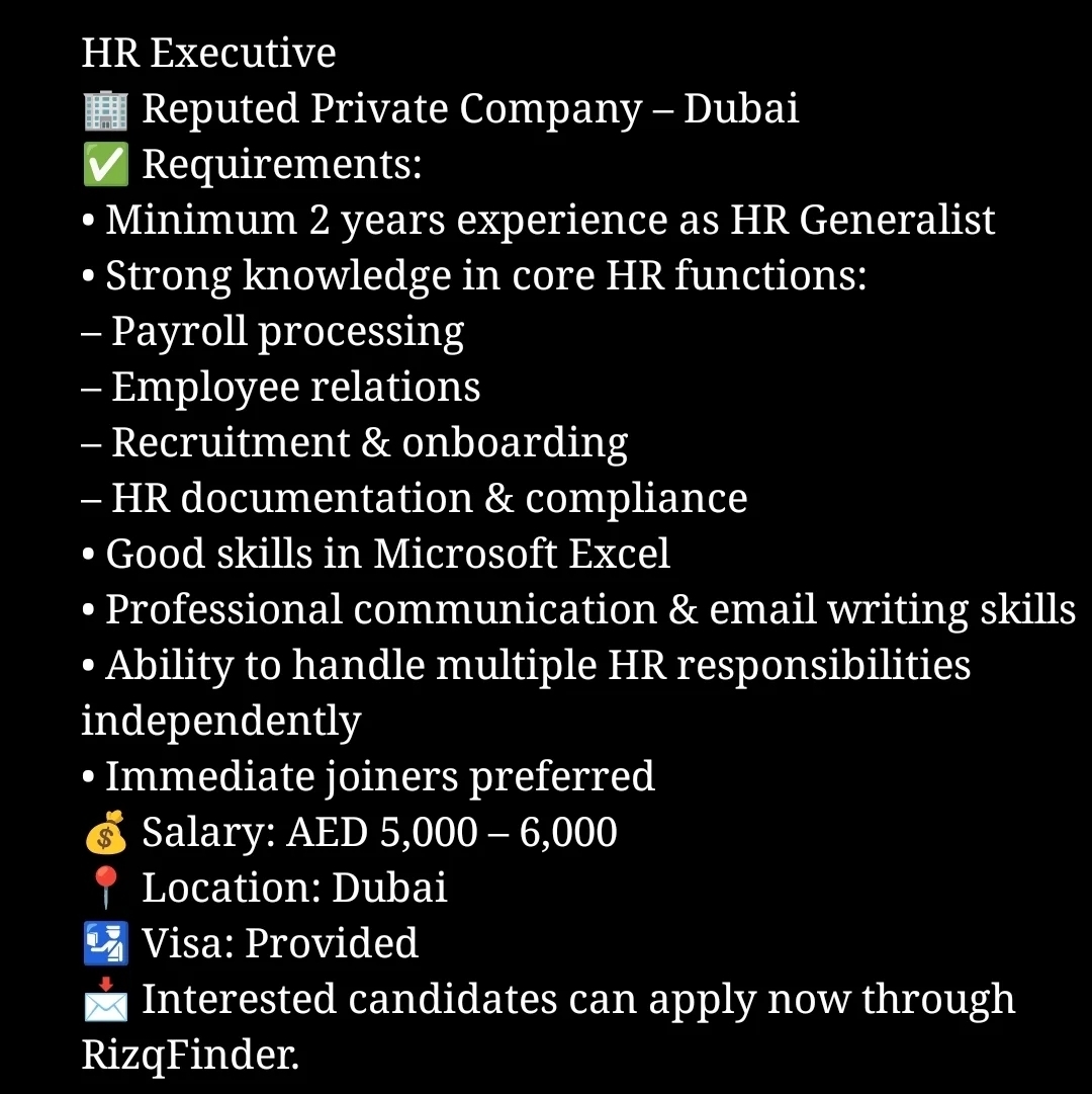 HR Executive – Dubai