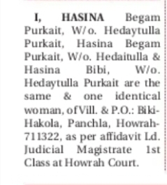 Identity Declaration – Hasina Begam Purkait