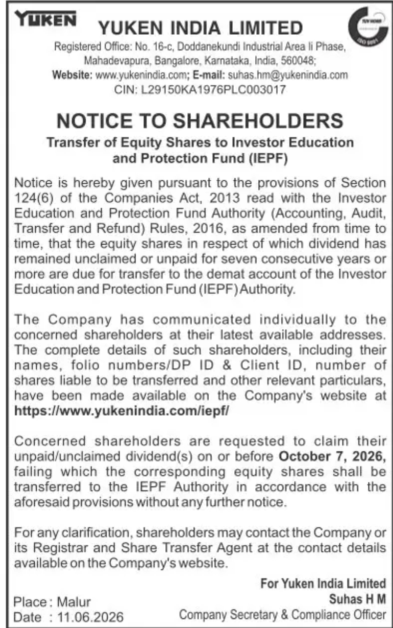 IEPF TRANSFER NOTICE – YUKEN INDIA LIMITED