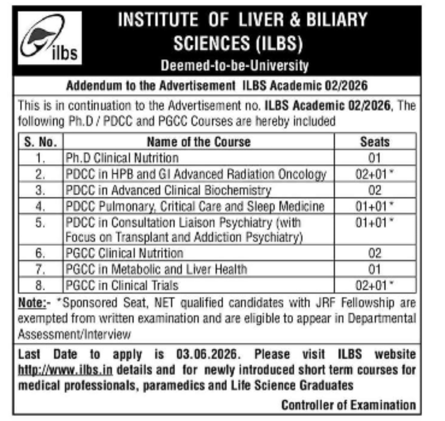 Institute of Liver and Biliary Sciences Ph.D, PDCC & PGCC Admissions 2026 – Addendum Notification