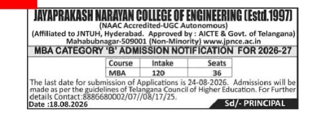 JAYAPRAKASH NARAYAN COLLEGE OF ENGINEERING – MBA CATEGORY B ADMISSIONS 2026-27