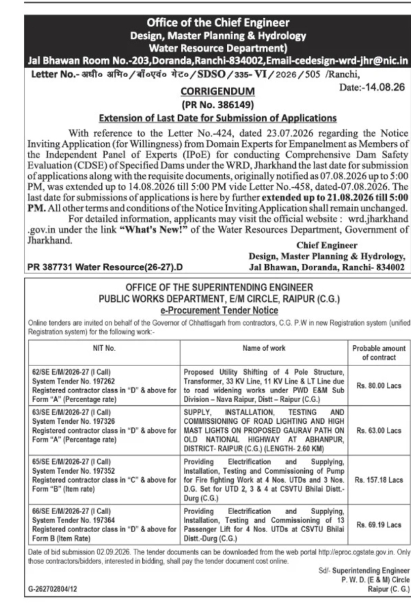 Jharkhand IPoE Application Extension and Chhattisgarh PWD E&M Tender Notices