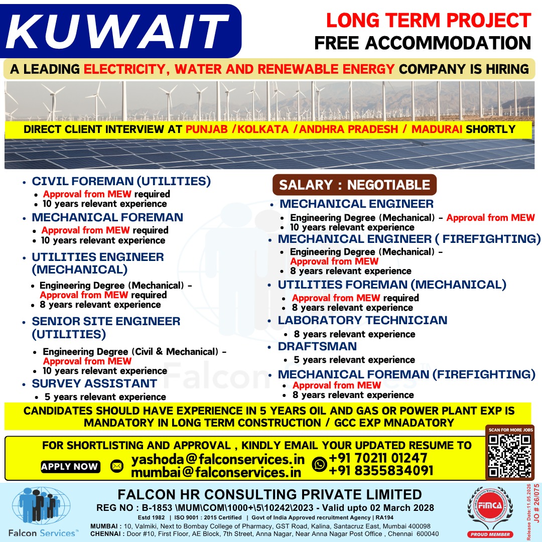 Job Openings – Mechanical & Utilities (Oil & Gas / Power Plant – GCC Experience Mandatory) kuwait