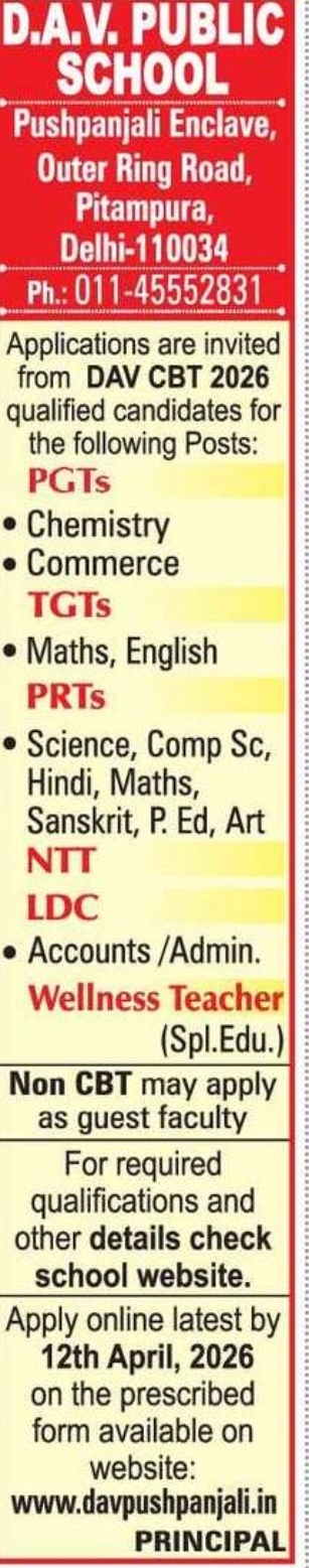 Job Vacancy – DAV Public School, Pushpanjali Enclave (Delhi)