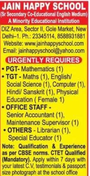 📢 Job Vacancy – Jain Happy School, New Delhi