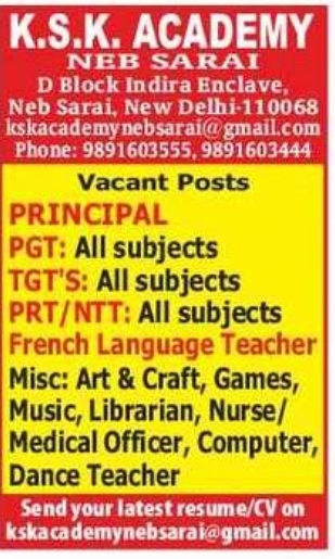 Job Vacancy – K.S.K. Academy, Neb Sarai