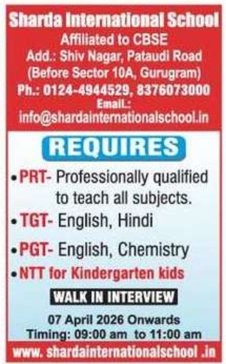📢 Job Vacancy – Sharda International School (CBSE Affiliated), Gurugram