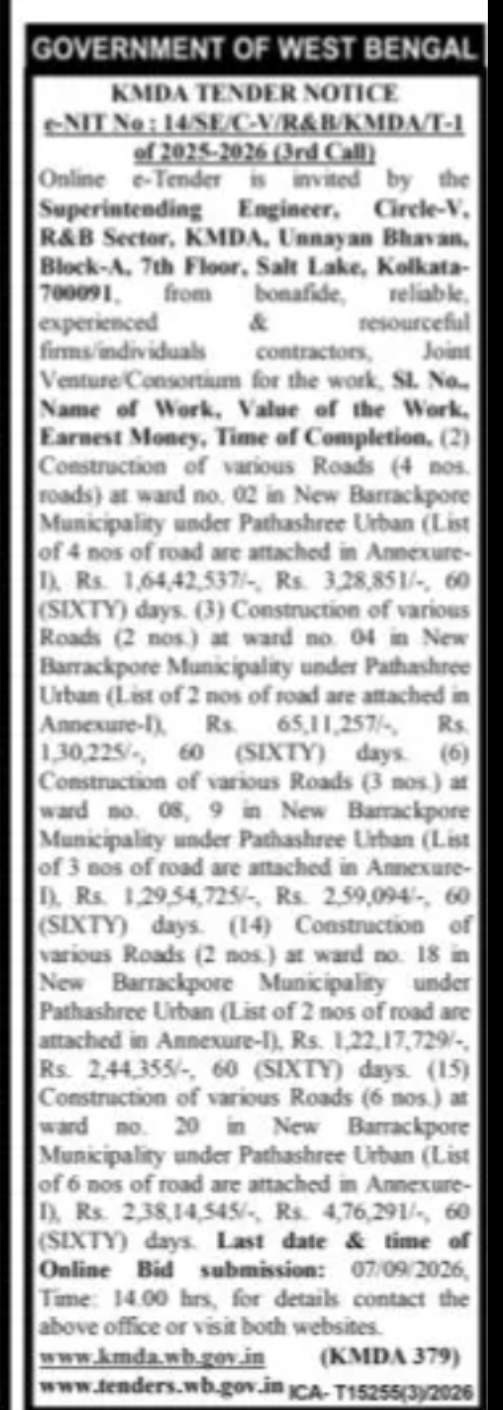 KMDA Tender Notice – Construction of Roads under Pathashree Urban at New Barrackpore