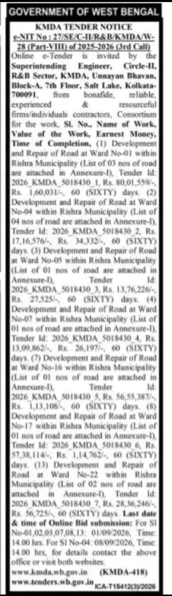 KMDA Tender Notice – Development and Repair of Roads at Rishra Municipality