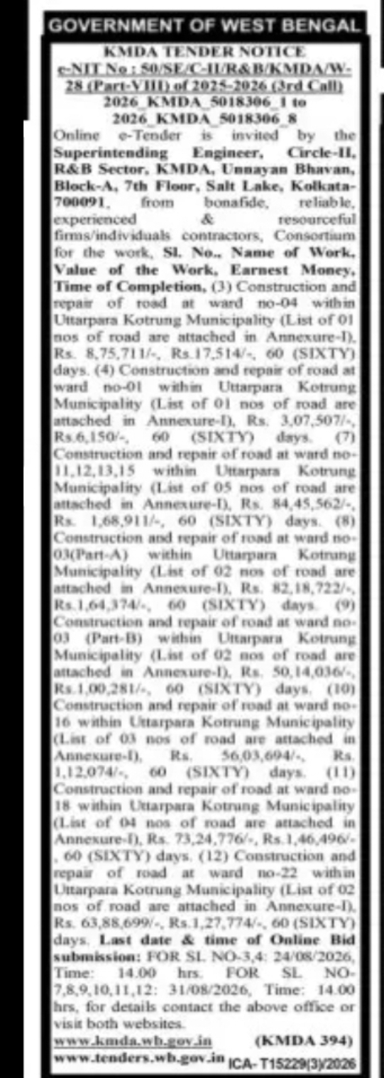 KMDA Tender Notice – Road Construction and Repair Works at Uttarpara Kotrung Municipality