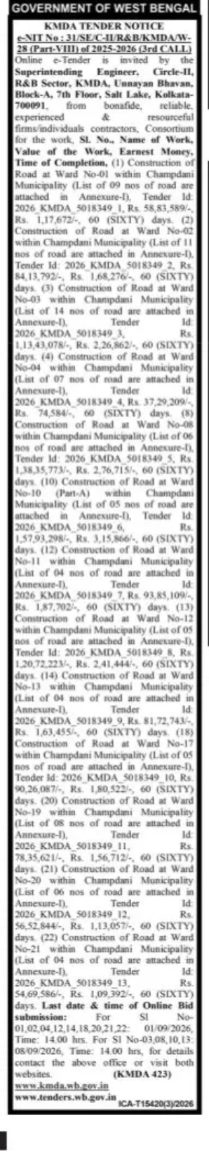 KMDA Tender Notice – Road Construction Works in Champdani Municipality