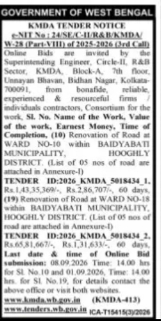 KMDA Tender Notice – Road Renovation at Baidyabati Municipality
