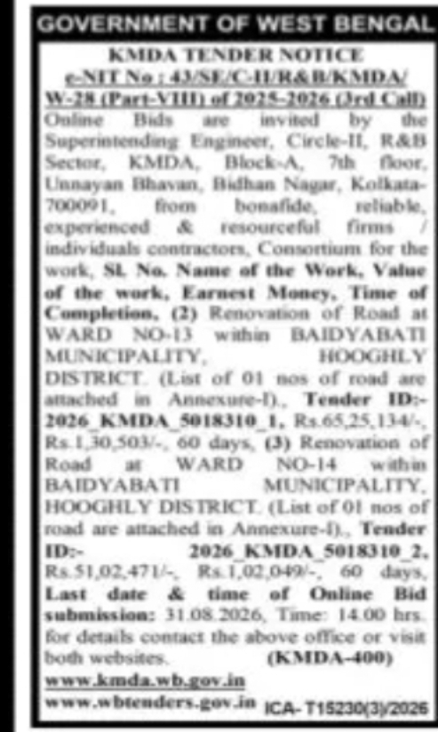 KMDA Tender Notice – Road Renovation Works at Baidyabati Municipality