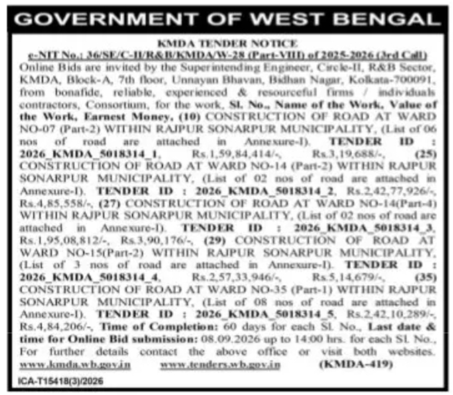 KMDA Tender – Rajpur Sonarpur Municipality Road Construction