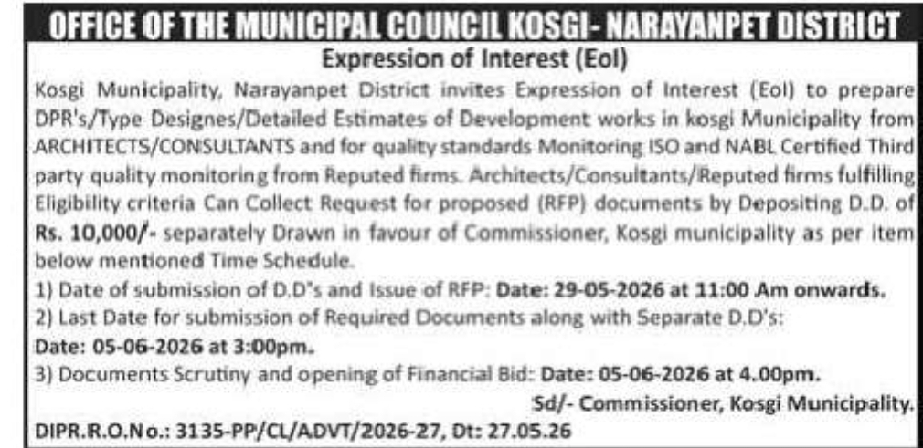 Kosgi Municipality Invites EOI for DPR Preparation and Third-Party Quality Monitoring Services