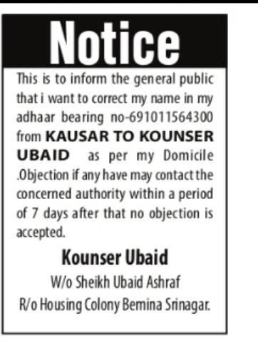 Kounser Ubaid – Aadhaar Name Correction Notice
