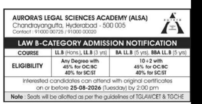 LAW B-CATEGORY ADMISSIONS 2026-27 – AURORA'S LEGAL SCIENCES ACADEMY