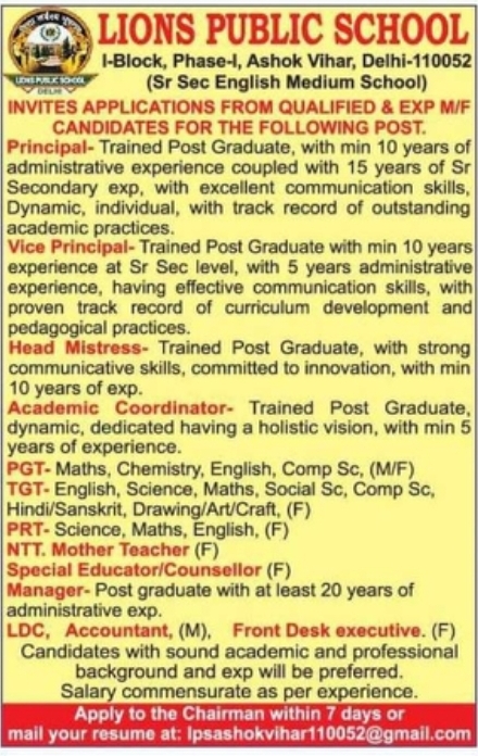 Lions Public School, Ashok Vihar – Multiple Academic & Administrative Openings