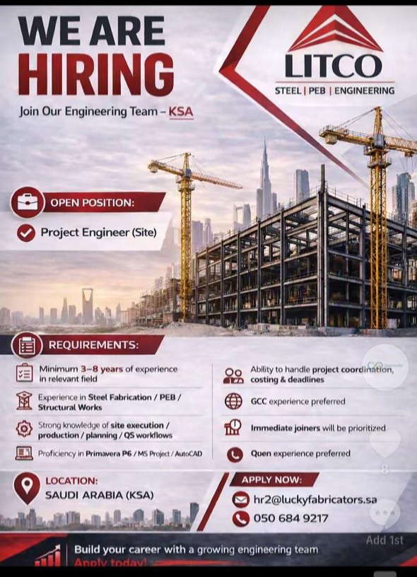 LITCO Hiring Project Engineer (Site) for Saudi Arabia (KSA)