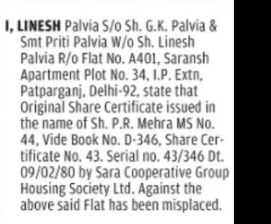 LOSS OF ORIGINAL SHARE CERTIFICATE (Delhi)
