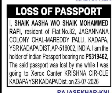 LOSS OF PASSPORT SHAIK AASHA