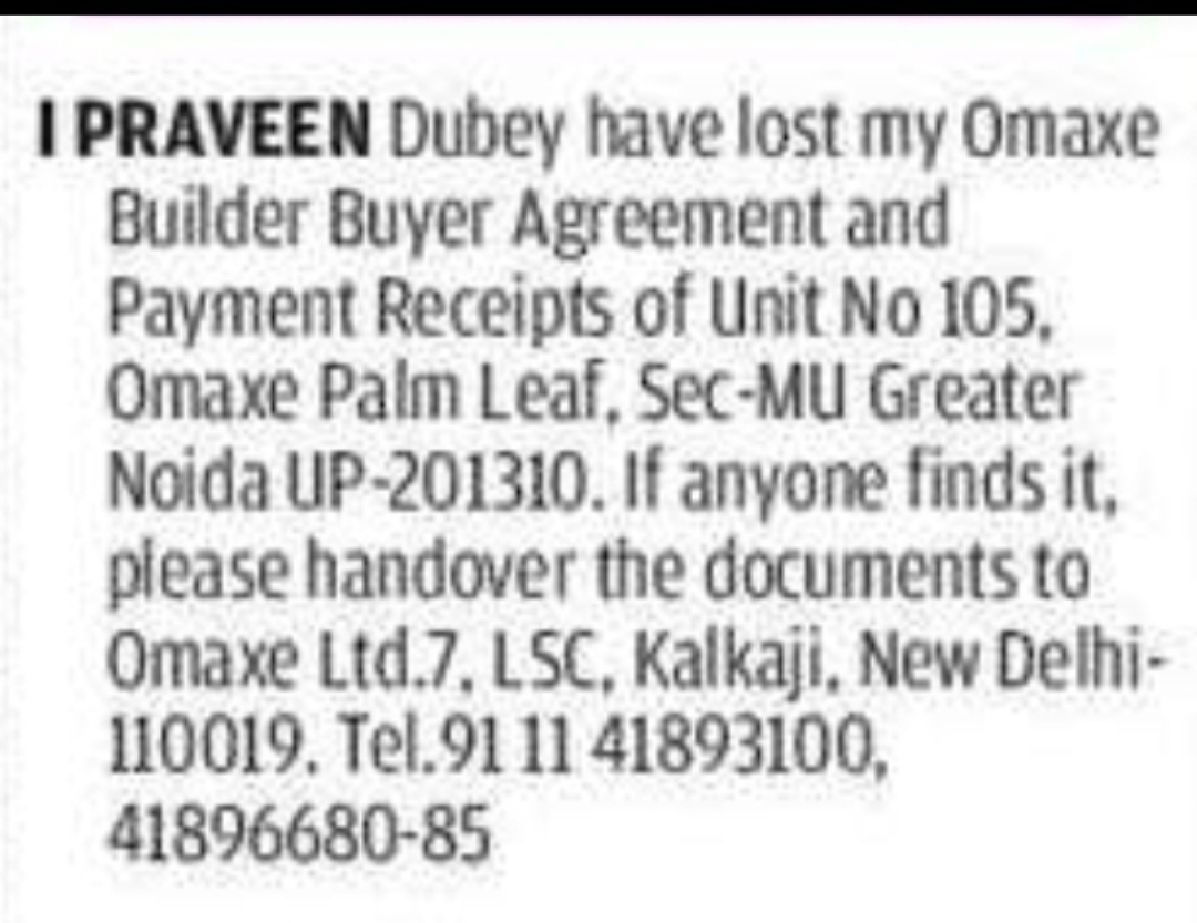 Lost Buyer Agreement Notice (Omaxe Palm Leaf, Greater Noida)
