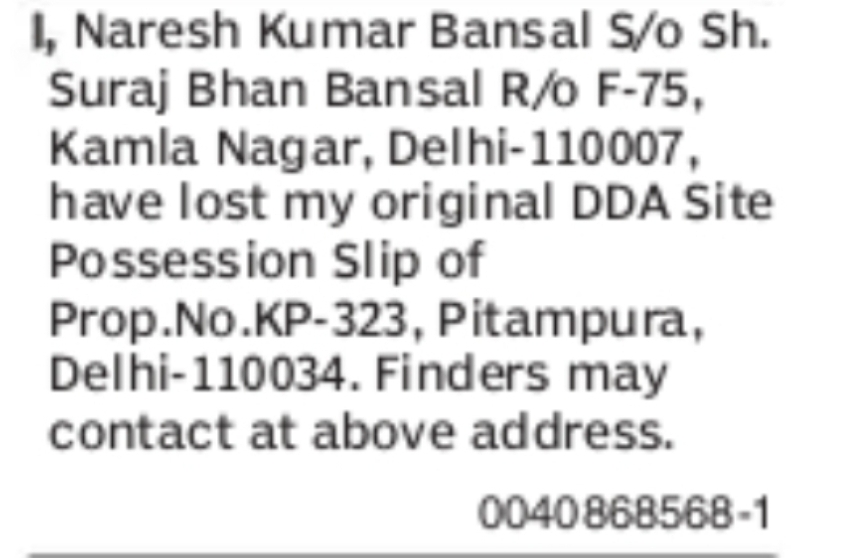 Lost DDA Site Possession Slip – Naresh Kumar Bansal