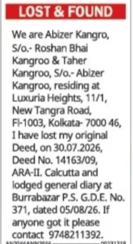 Lost Deed Notice – Abizer Kangro and Taher Kangro