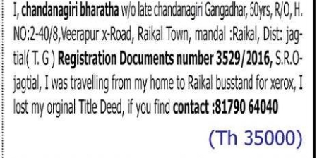 LOST DOCUMENT NOTICE — ORIGINAL TITLE DEED