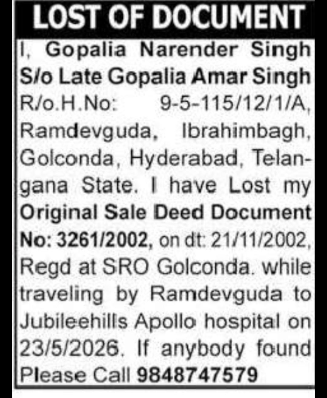 LOST DOCUMENT NOTICE