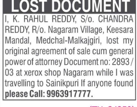 LOST DOCUMENT NOTICE