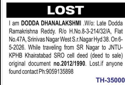 LOST DOCUMENT – SALE DEED ORIGINAL DOCUMENT NO. 2012/1990