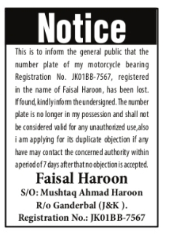 Lost Number Plate – JK01BB-7567