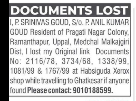 LOST ORIGINAL LINK DOCUMENTS – P. SRINIVAS GOUD