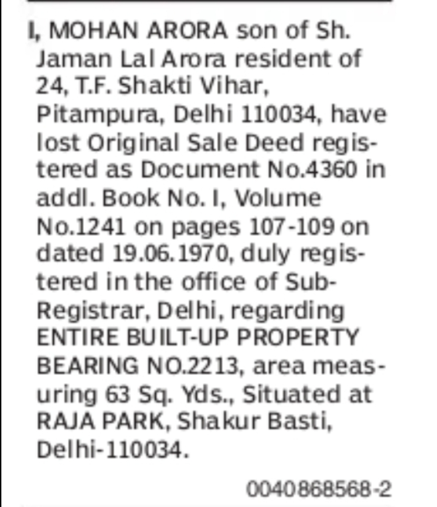 Lost Original Sale Deed – Mohan Arora