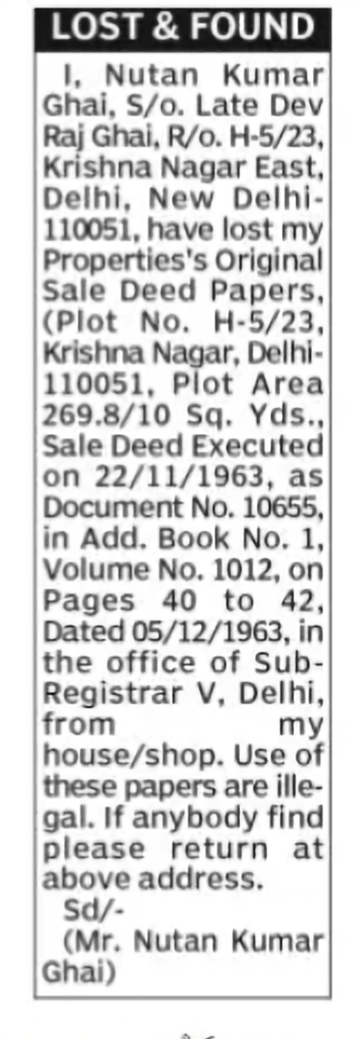 Lost Original Sale Deed Papers – Krishna Nagar, Delhi