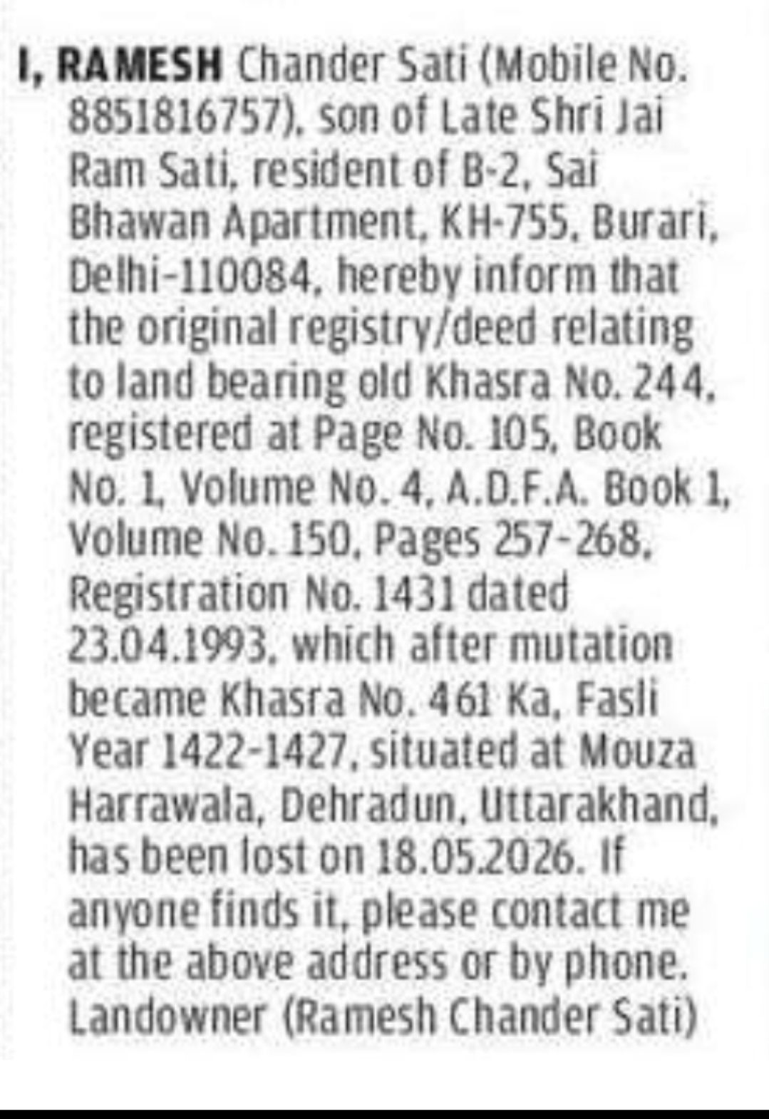 Lost Property Deed Notice (Dehradun Land Record)